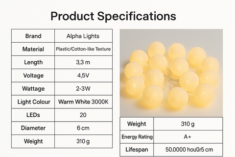 Product specifications for Alpha Lights string lights including material, length, voltage, wattage, light color, LEDs, diameter, weight, energy rating, and lifespan.
