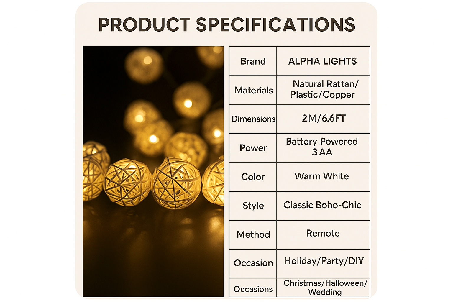 Product specifications for Alpha Lights with a blurred background of lights.