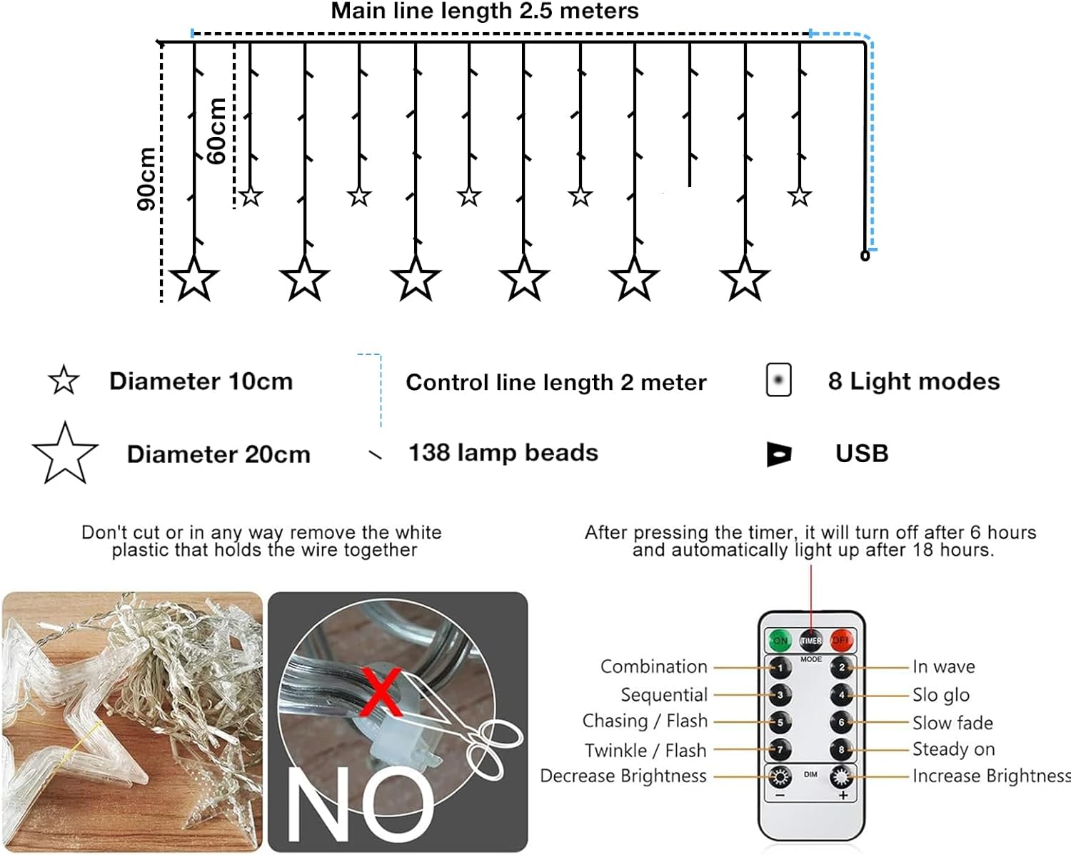 Product specifications for a string of decorative stars with measurements and features.