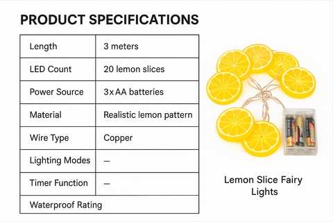 Product specifications for lemon slice fairy lights with lemon slices and batteries on a white background.