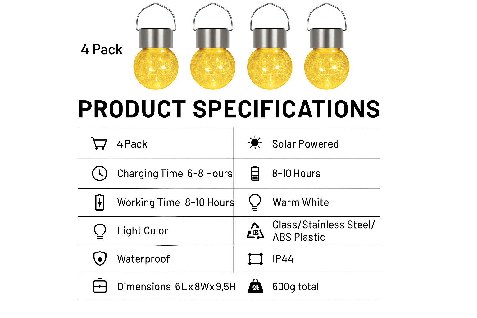 Product specifications for solar-powered string lights with yellow bulbs on a white background.