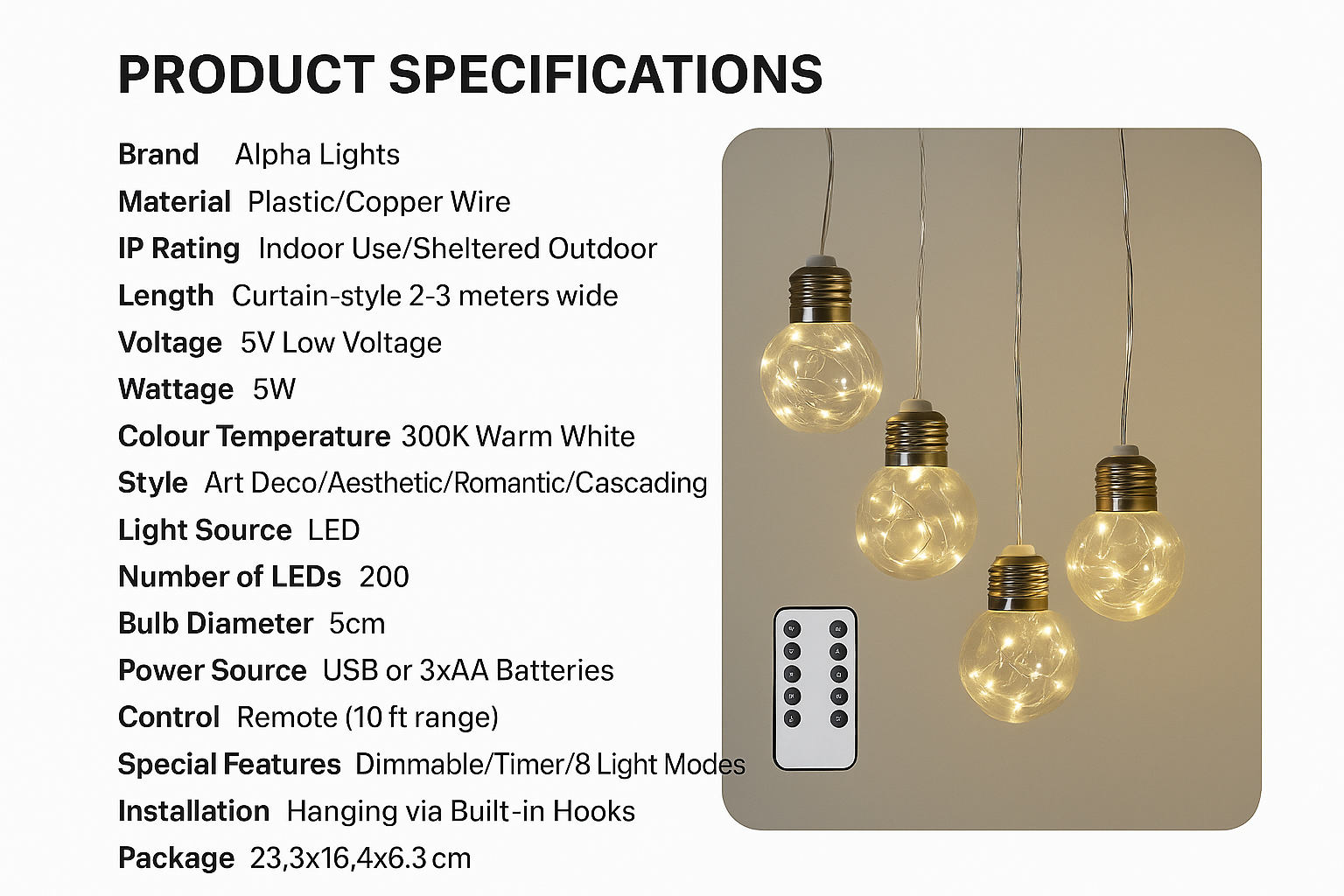 Product specifications of Alpha Lights LED string lights with a photo of the lights on a beige background.