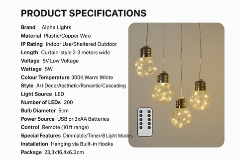Product specifications of Alpha Lights LED string lights with a photo of the lights on a beige background.