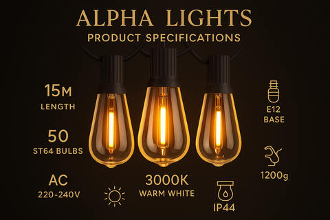 Product specifications of Alpha Lights bulbs on a dark background