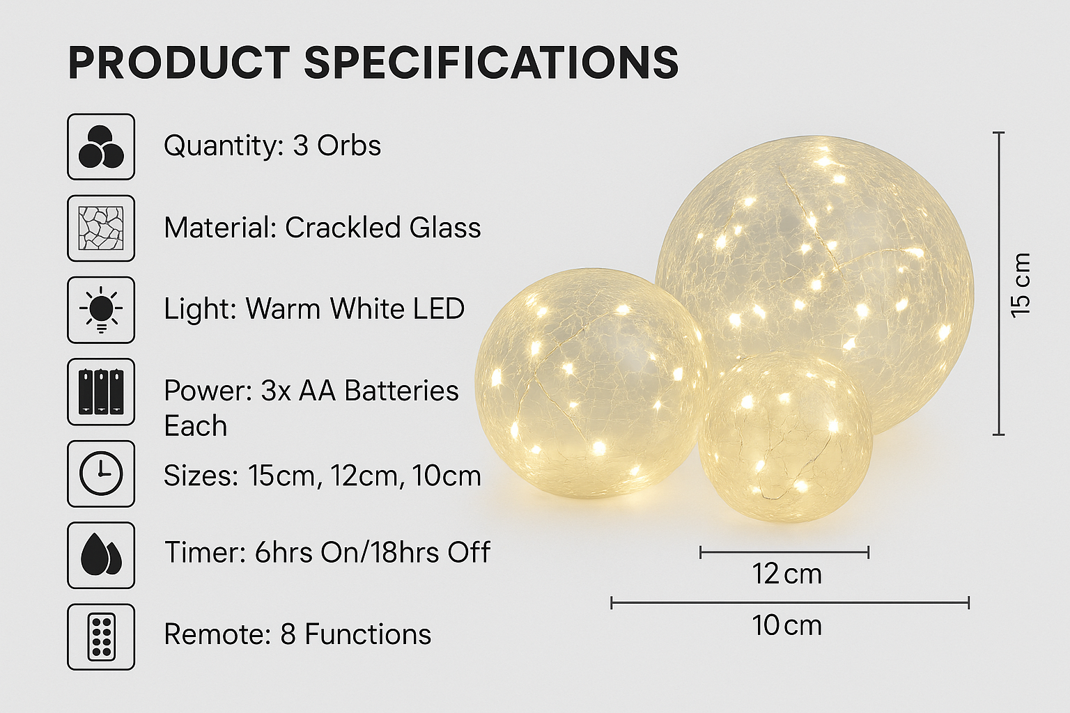 Product specifications of LED glass orbs with dimensions and features listed.