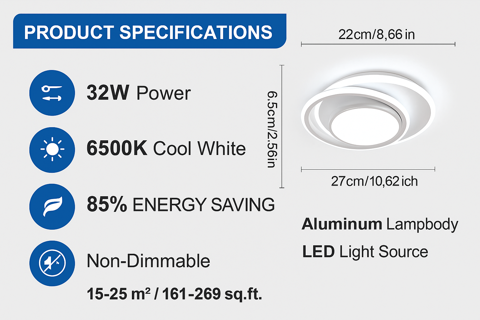 Product specifications of a LED light fixture including power, color temperature, energy saving, dimmability, and coverage area.