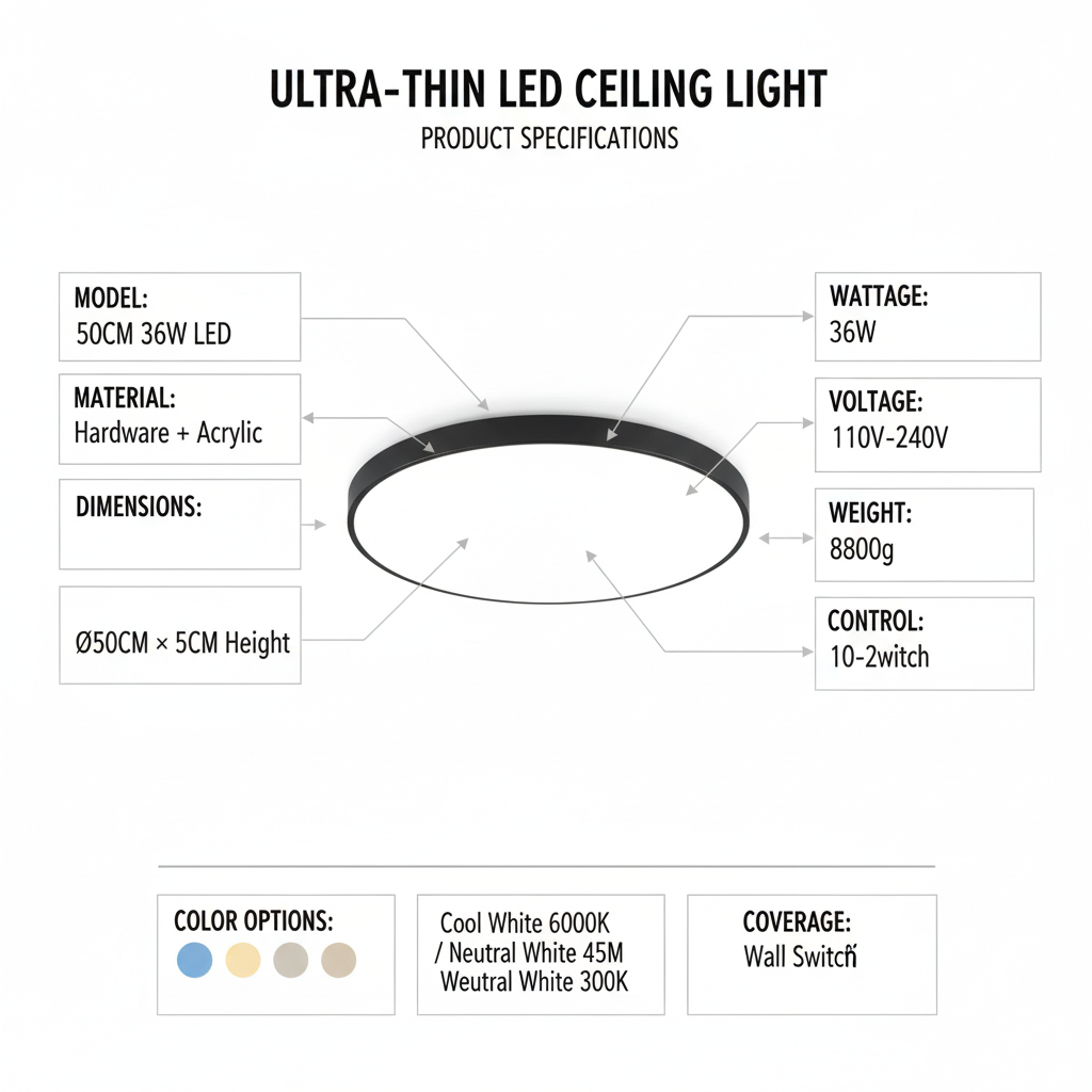 Product specifications of an ultra-thin LED ceiling light on a white background