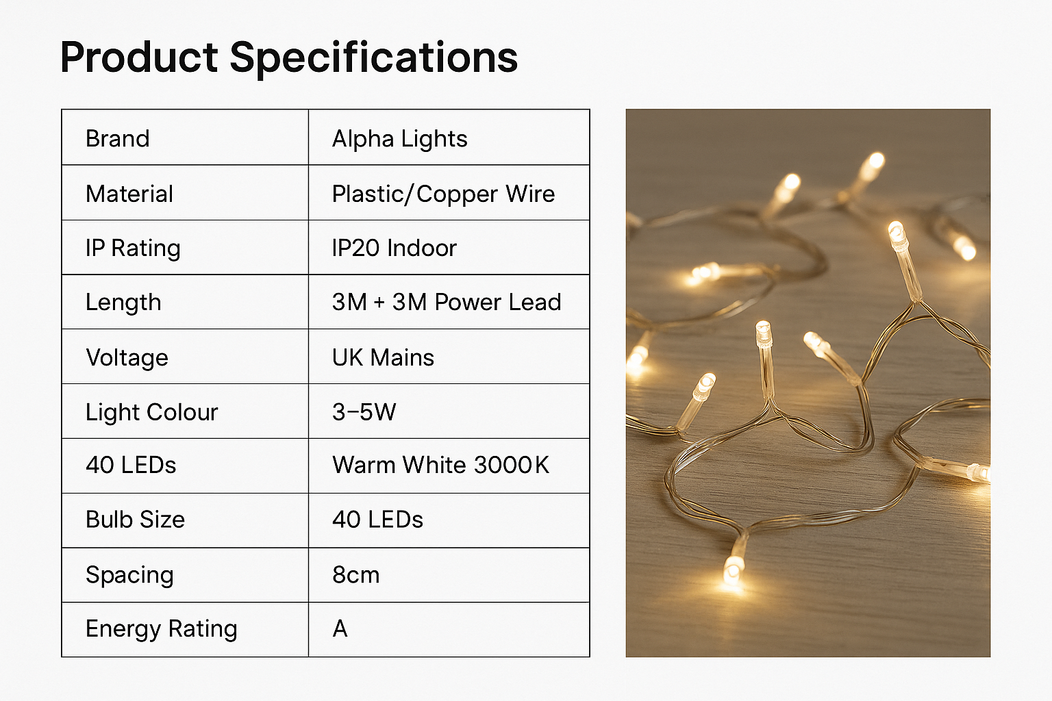 Product specifications table for Alpha Lights LED string lights with an image of the lights on a wooden surface.