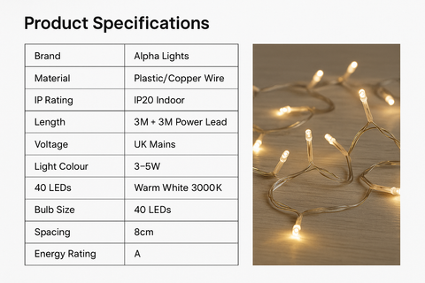 Product specifications table for Alpha Lights LED string lights with an image of the lights on a wooden surface.