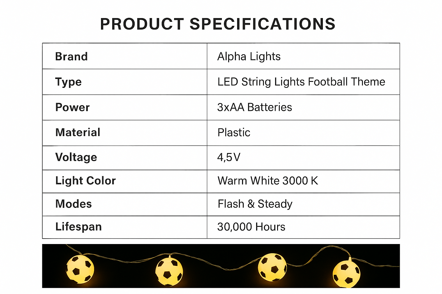 Product specifications table for LED string lights with football theme, including brand, type, power, material, voltage, light color, modes, and lifespan.