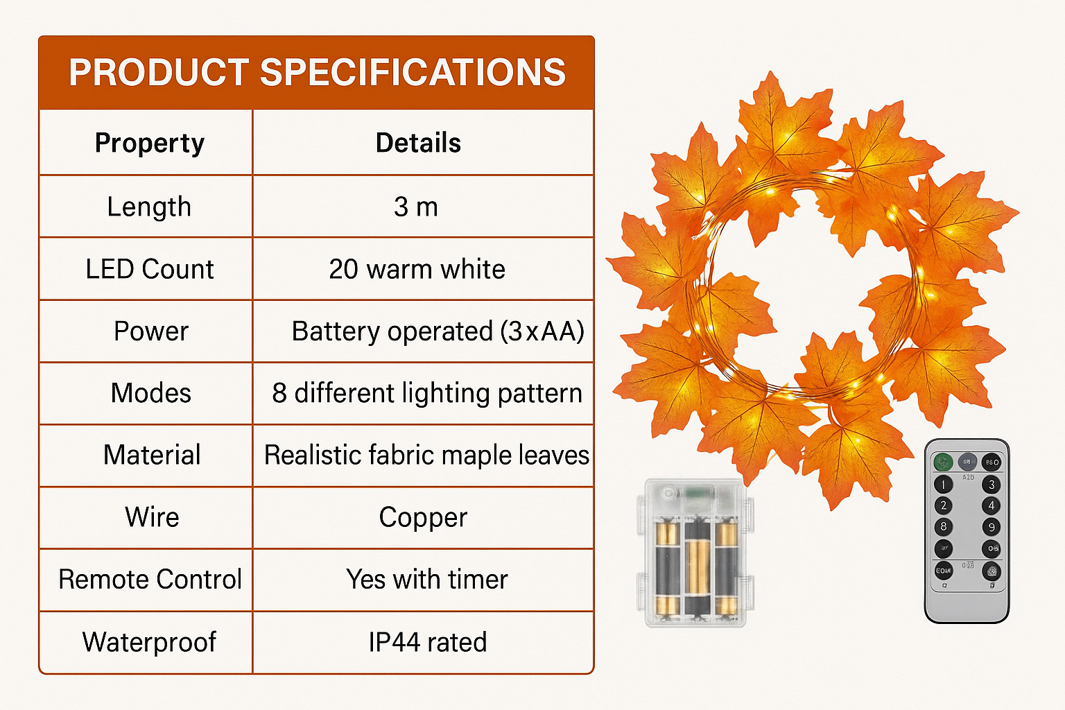 Product specifications table for a leaf-shaped light garland with remote control and battery pack.