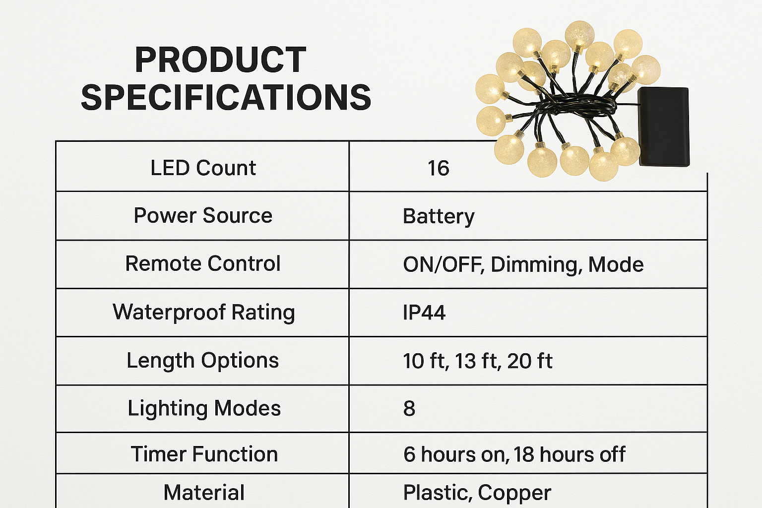 Product specifications table for a string light with LED count, power source, and other details.