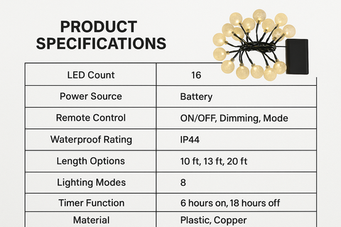 Product specifications table for a string light with LED count, power source, and other details.