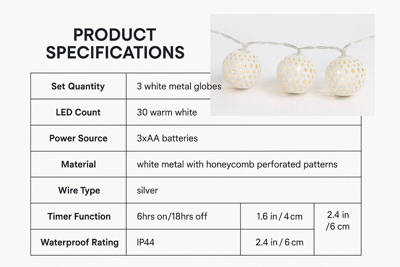 Product specifications table for a string of white metal globes with honeycomb perforations.