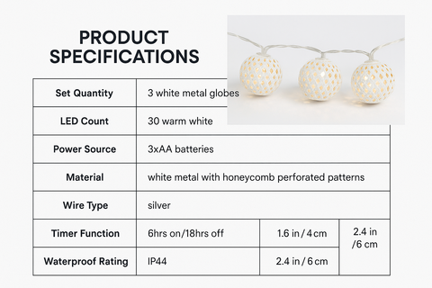 Product specifications table for a string of white metal globes with honeycomb perforations.
