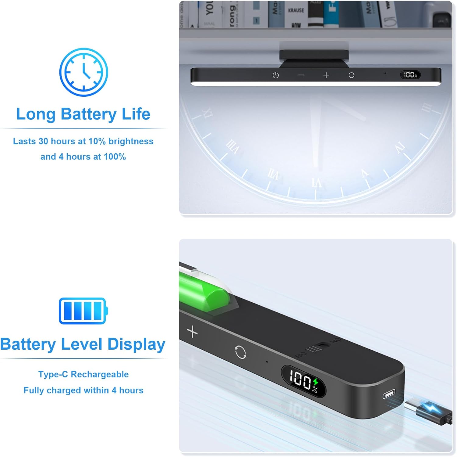 Product with battery life and level display features on a white background