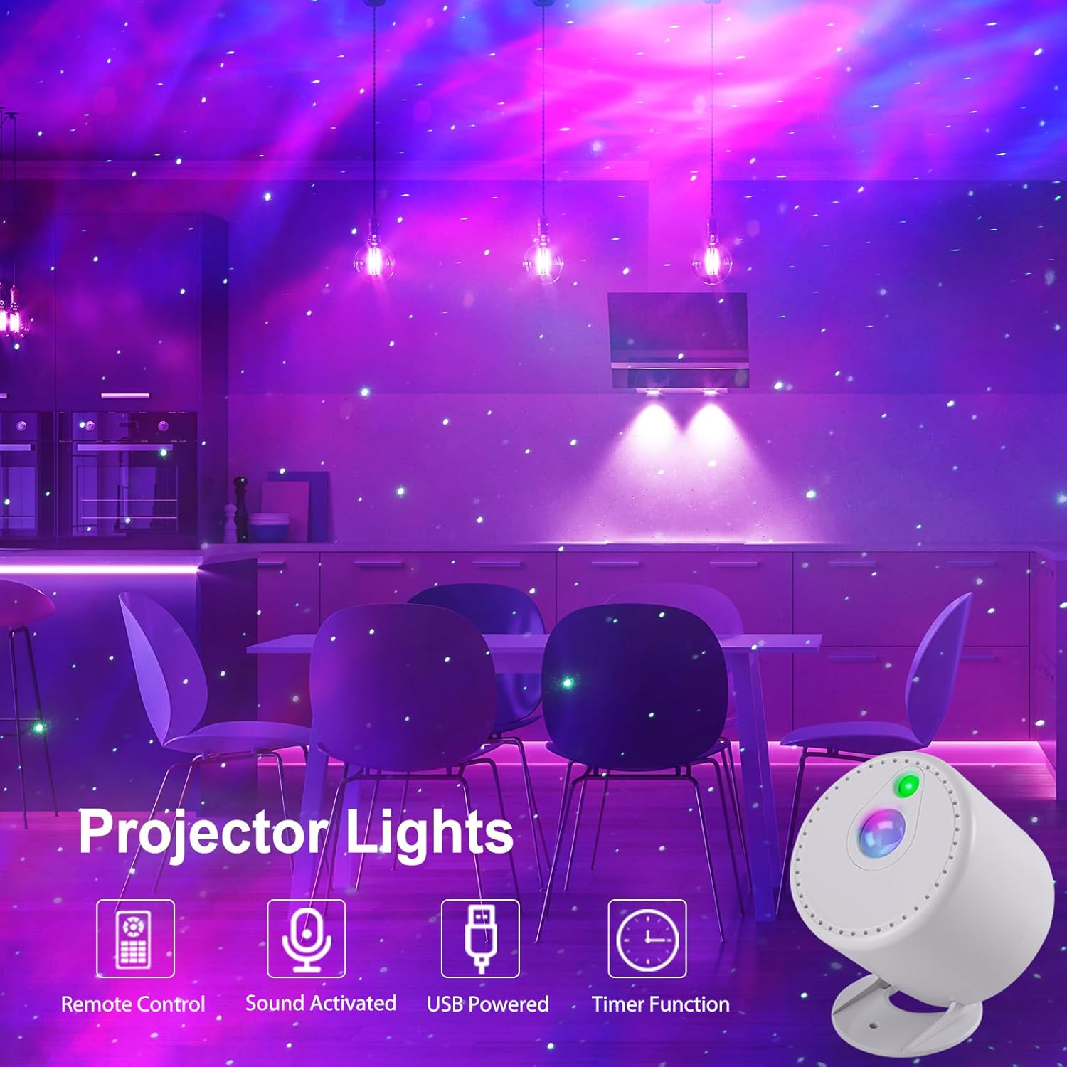 Projector lights with colorful lighting effects in a room with chairs and a TV.