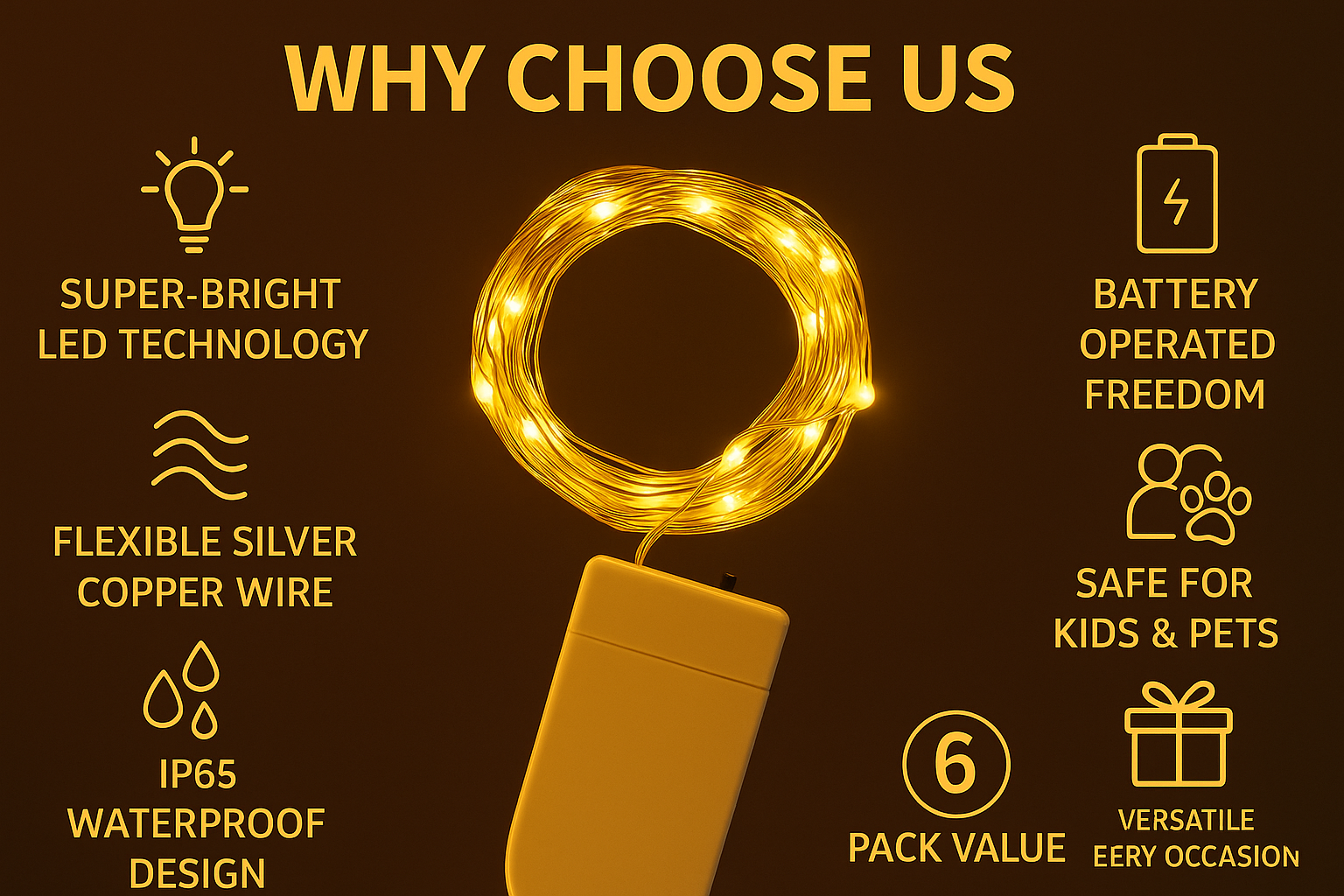 Promotional graphic for LED string lights with features listed on a dark background