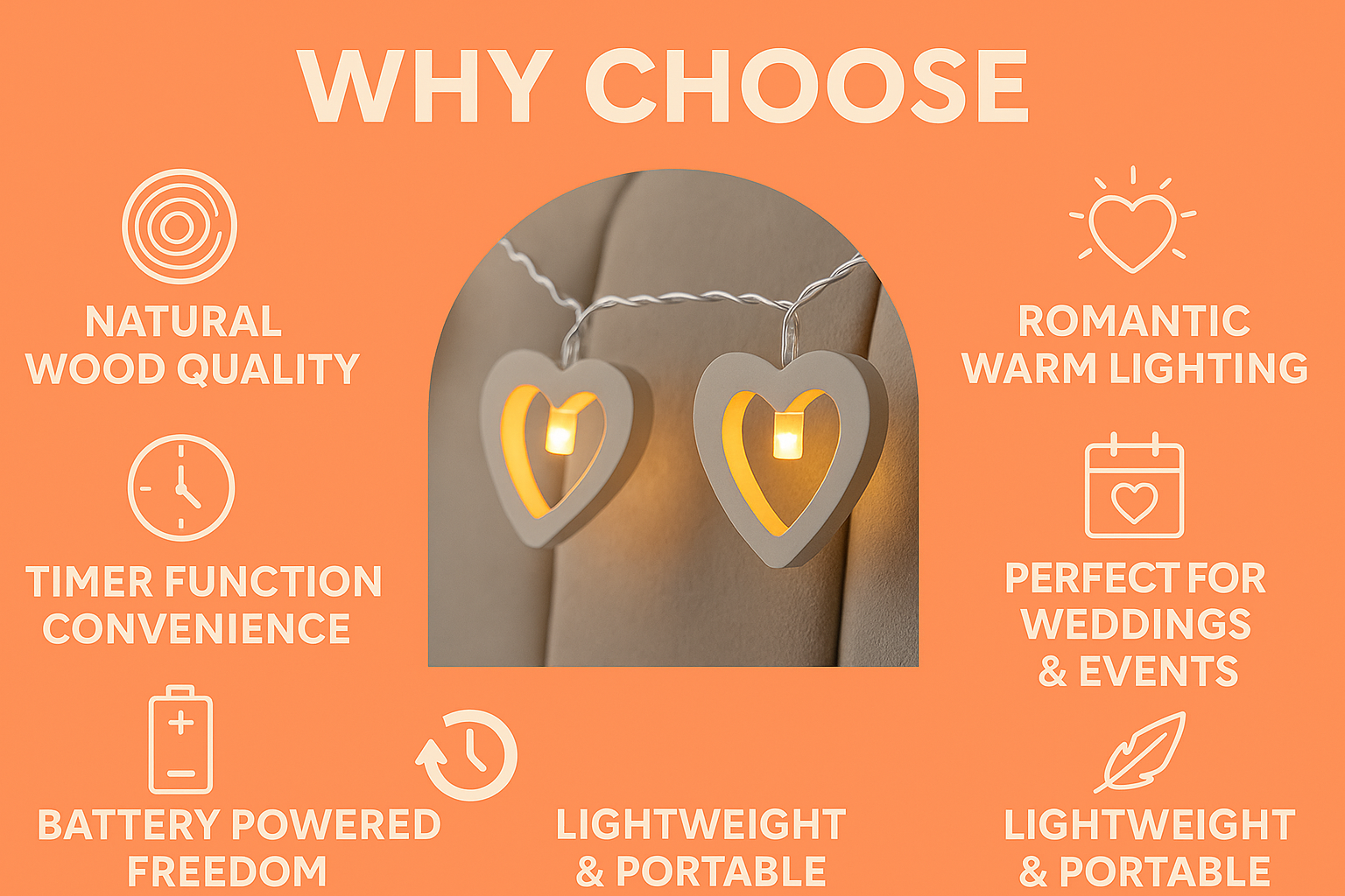 Promotional graphic for heart-shaped candle holders with features listed on an orange background.