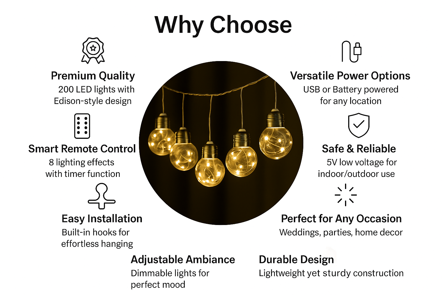 Promotional graphic highlighting features of LED string lights with icons and text.