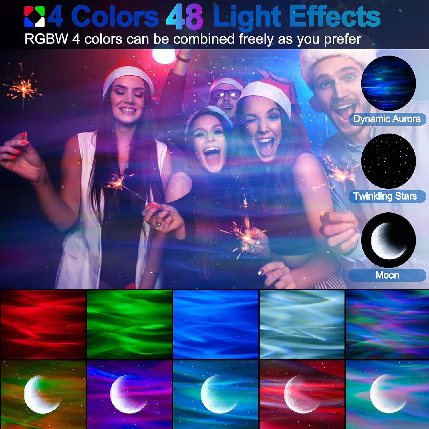 Promotional image for light effects with people celebrating and colorful light displays.