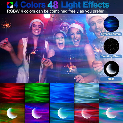 Promotional image for light effects with people celebrating and colorful light displays.