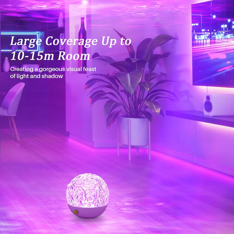 Purple LED light ball in a room with text about coverage and visual effect
