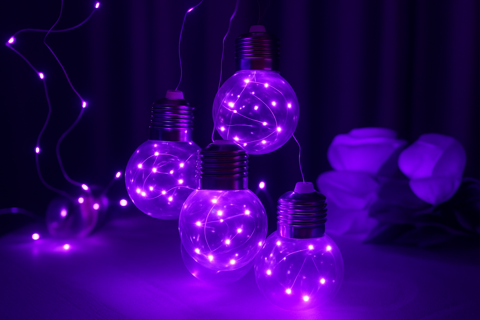 Purple LED light bulbs on a dark background