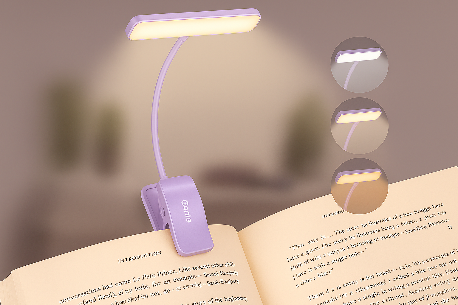 Purple LED reading lamp on an open book with color-changing options shown.