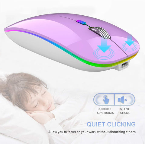 Purple computer mouse with RGB lighting on a white background, featuring text about its features.