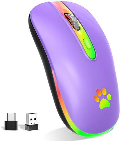 Purple computer mouse with rainbow accents and USB receiver on a white background