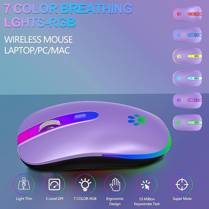 Purple computer mouse with DPI adjustment and anti-slip metal roller features on a light purple background.