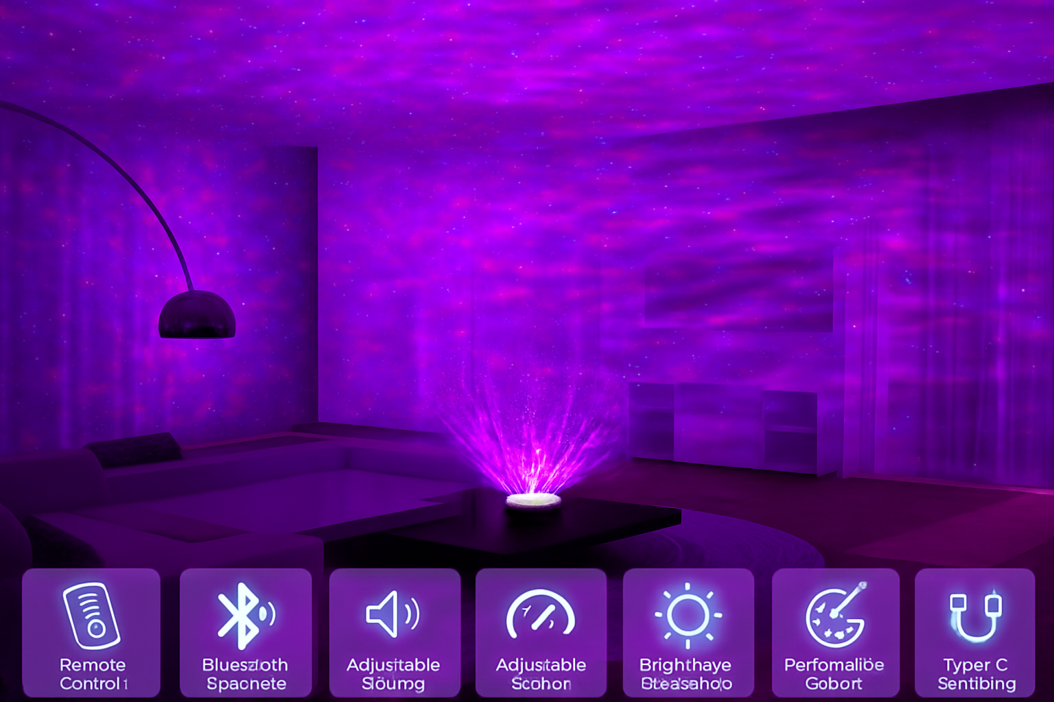 Purple light projector in a room with control icons overlayed