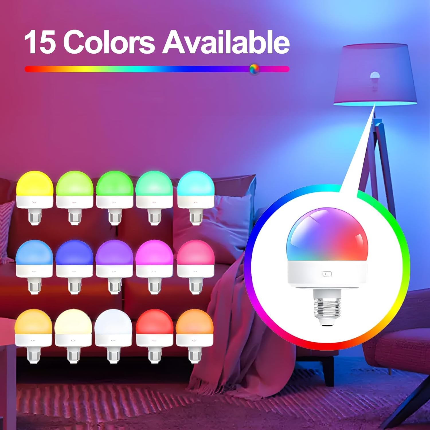 RGB LED light bulbs with 15 color options displayed in a room setting.