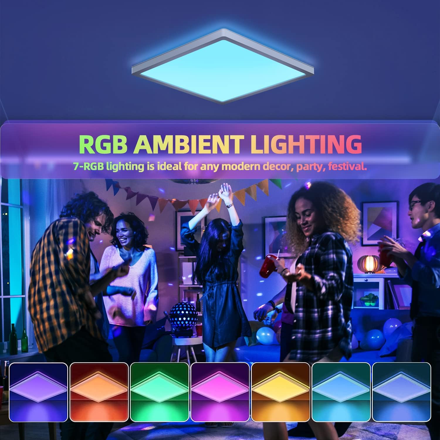 RGB ambient lighting fixture with colorful options displayed in a room with people celebrating.