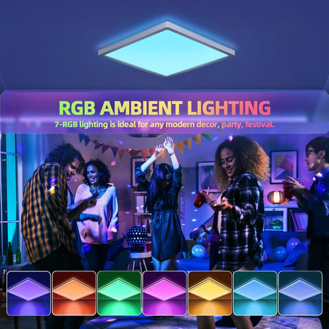 RGB ambient lighting fixture with colorful options displayed in a room with people celebrating.
