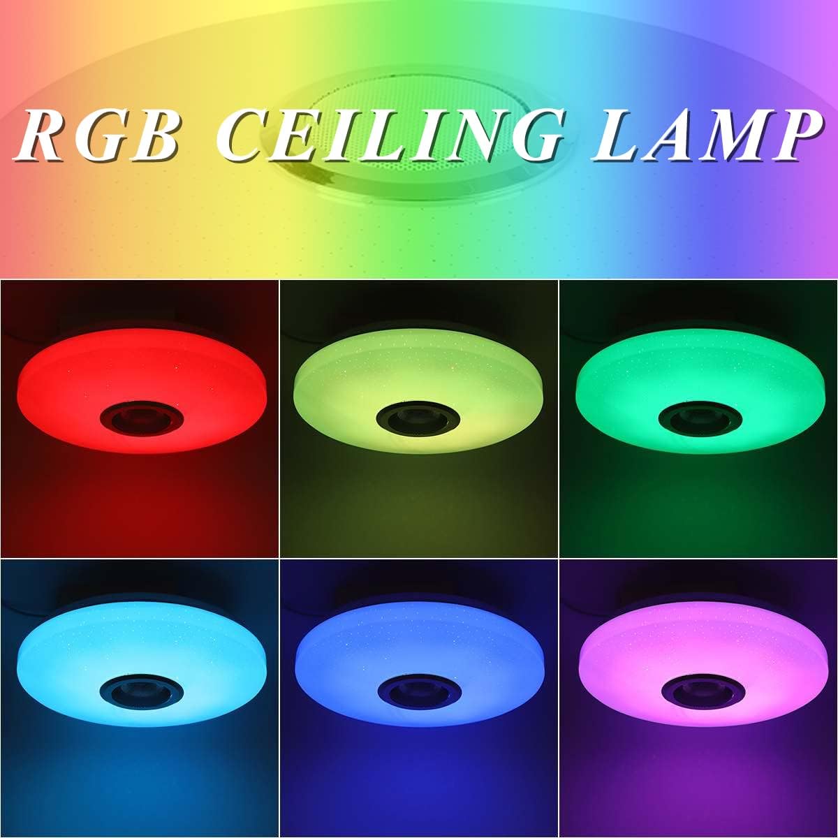 RGB ceiling lamp with color-changing capabilities shown in a grid of six images.