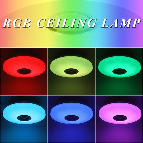 RGB ceiling lamp with color-changing capabilities shown in a grid of six images.