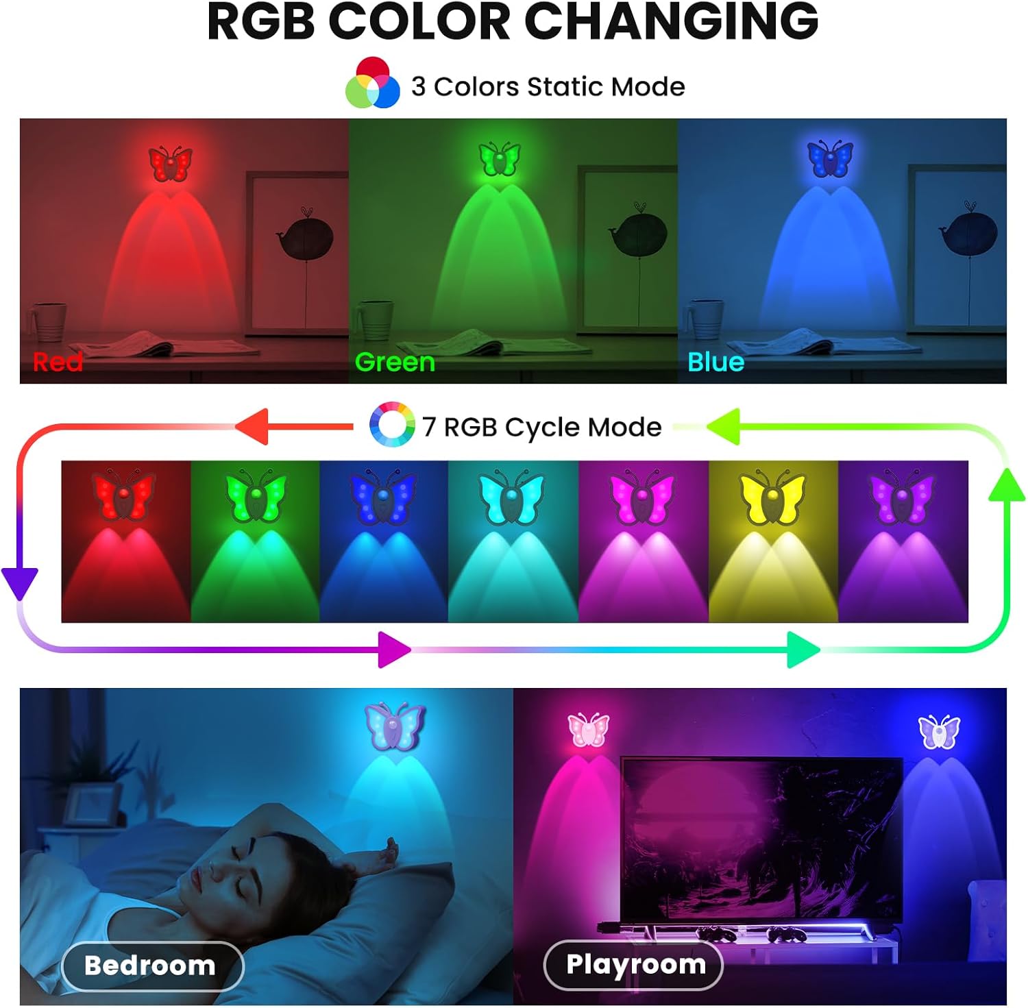 RGB color-changing light with butterfly design in various modes and settings.