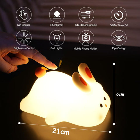 Rabbit-shaped night light with features and dimensions displayed