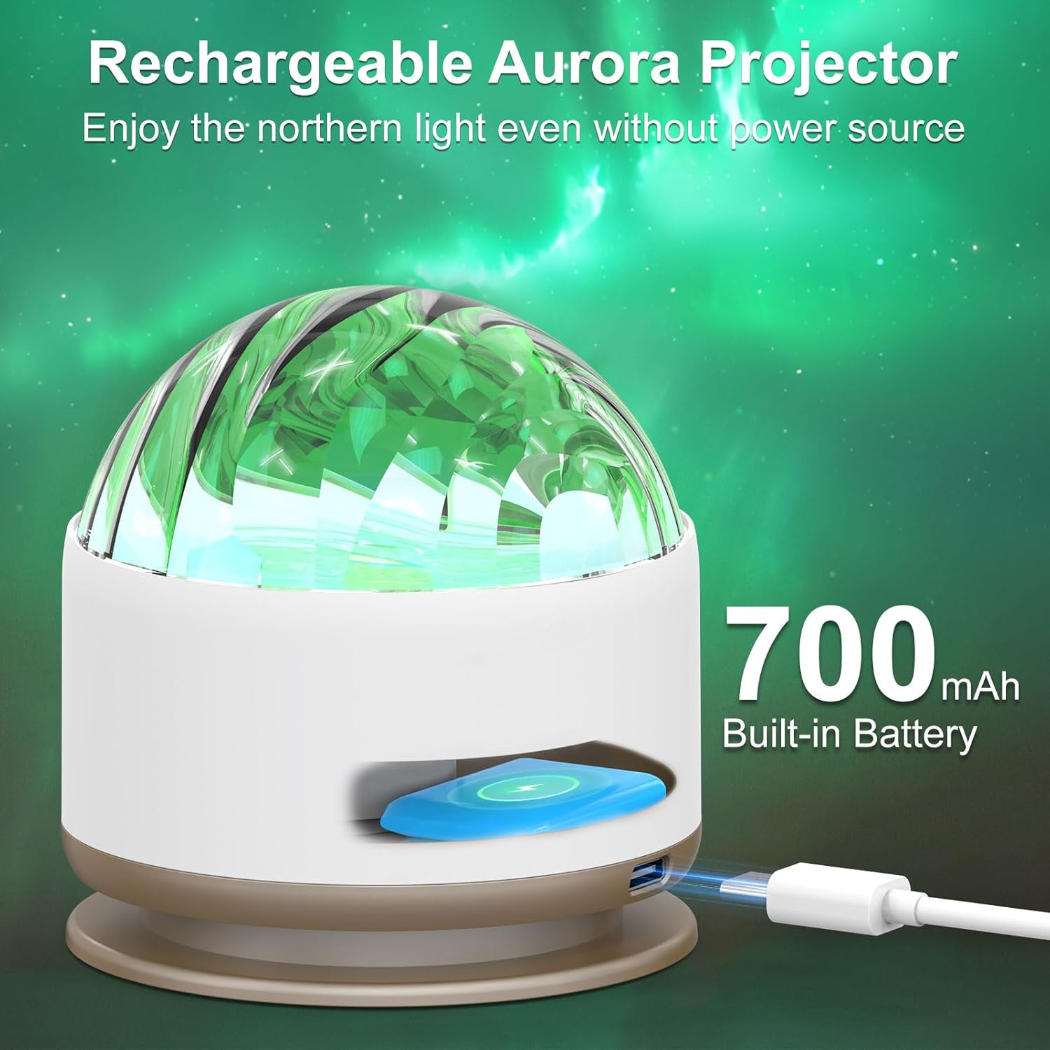 Rechargeable Aurora Projector with green light display on a green background