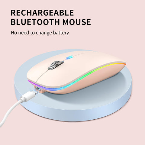Rechargeable Bluetooth mouse with colorful LED lights on a pink background
