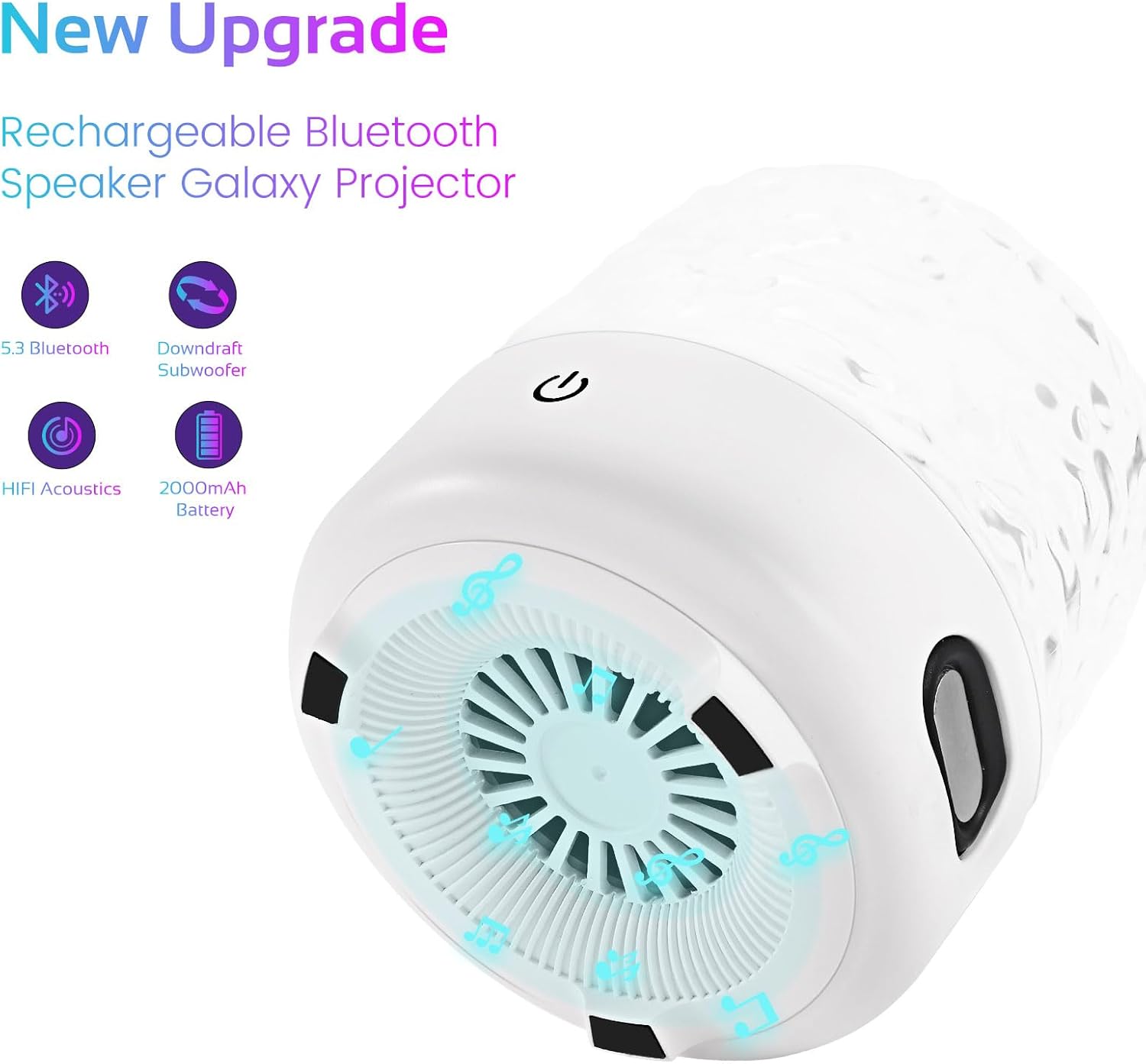 Rechargeable Bluetooth speaker galaxy projector with specifications on a white background