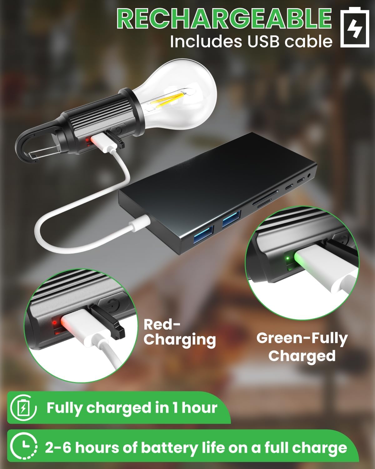 Rechargeable device with USB cable, power indicator lights, and charging time information.