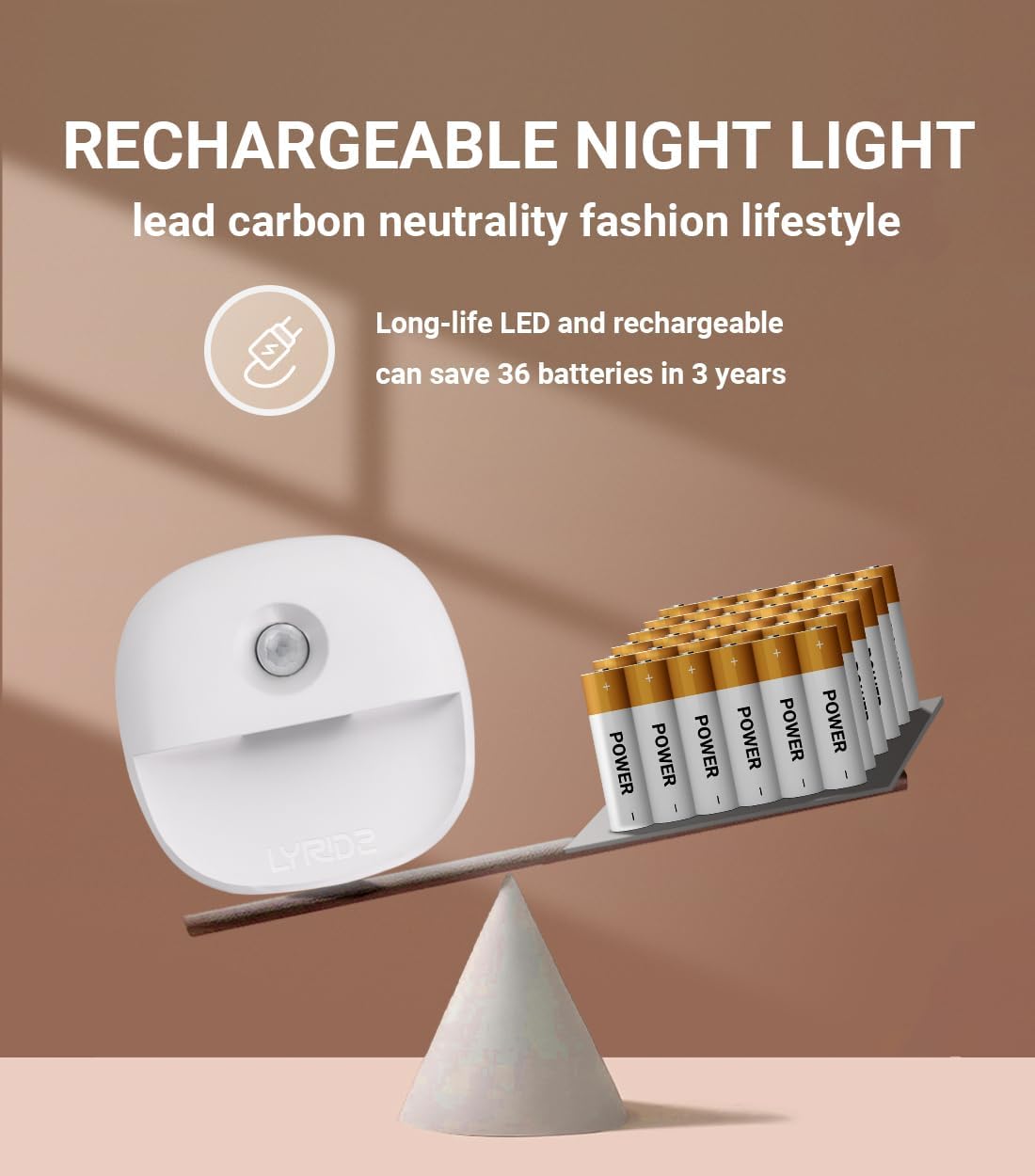 Rechargeable night light with batteries on a balance scale against a brown background