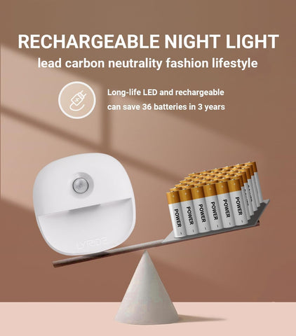 Rechargeable night light with batteries on a balance scale against a brown background