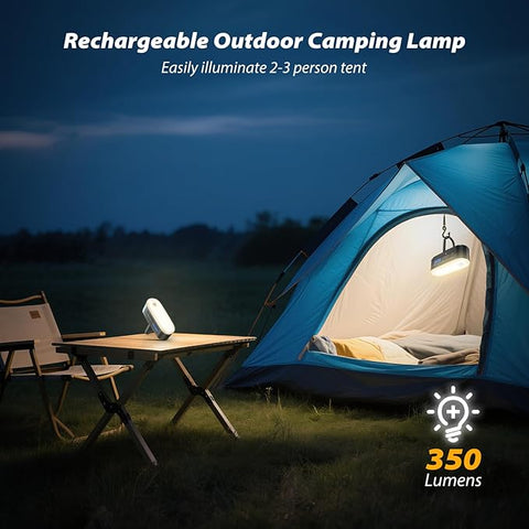 Rechargeable outdoor camping lamp illuminating a tent with 350 lumens in a dark outdoor setting.