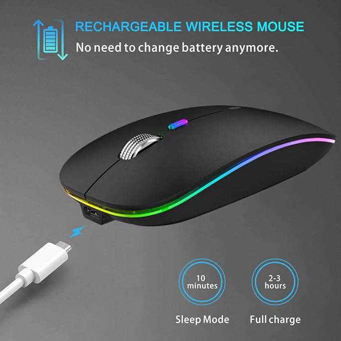 Rechargeable wireless mouse with RGB lighting on a gray background