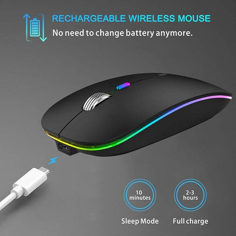 Rechargeable wireless mouse with RGB lighting on a gray background