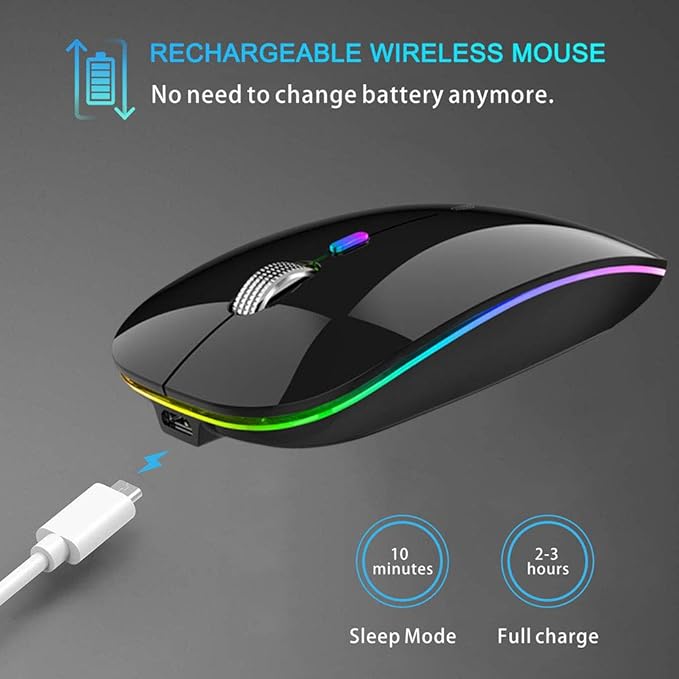 Rechargeable wireless mouse with charging cable on a dark background